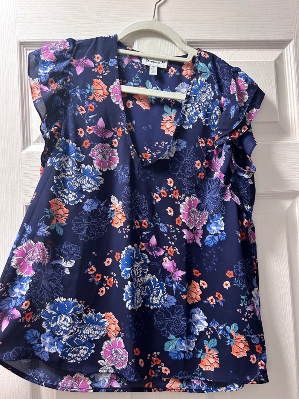 Veronica M Navy Floral Ruffle Sleeve Blouse